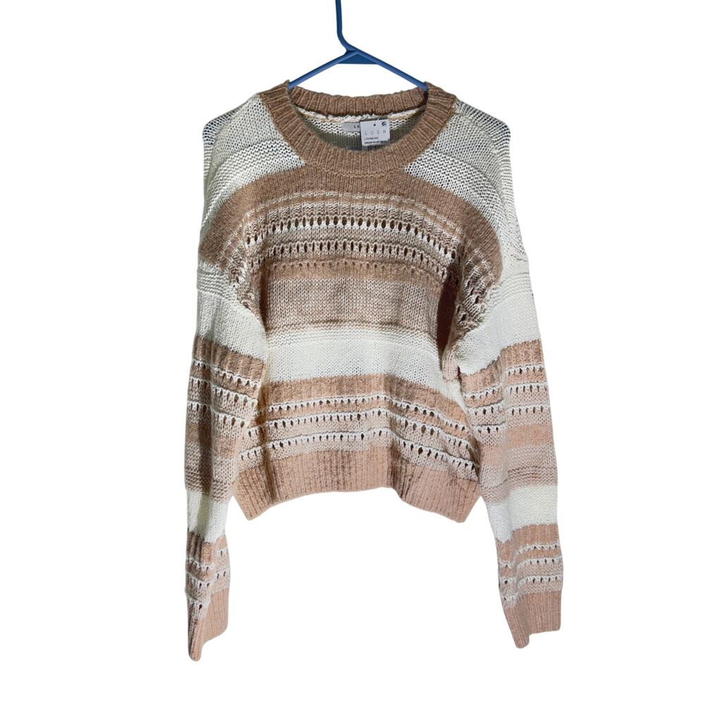 LUSH Cream Taupe Multi Striped Open Knit Sweater Size M NWT
